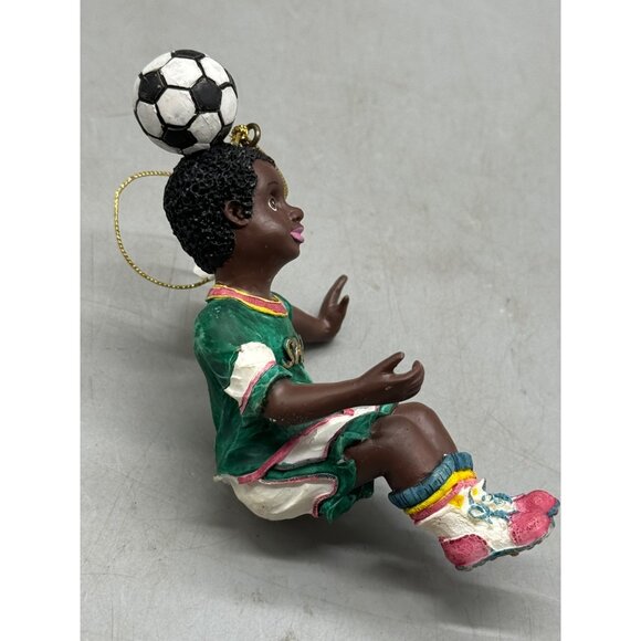 African American kid Soccer Player Figurine Christmas Ornament green 4.5" READ - Picture 8 of 8